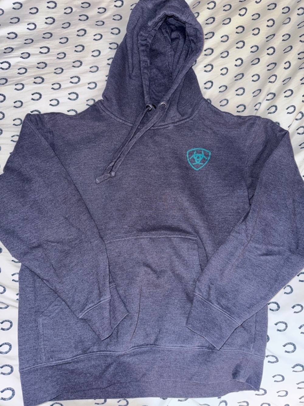Ariat Heather Navy Hoodie with Teal Aztec Shield Graphic